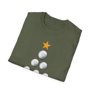 Golf Christmas Tree T-Shirt — Golf Ball Tree with Crossed Clubs Holiday Tee
