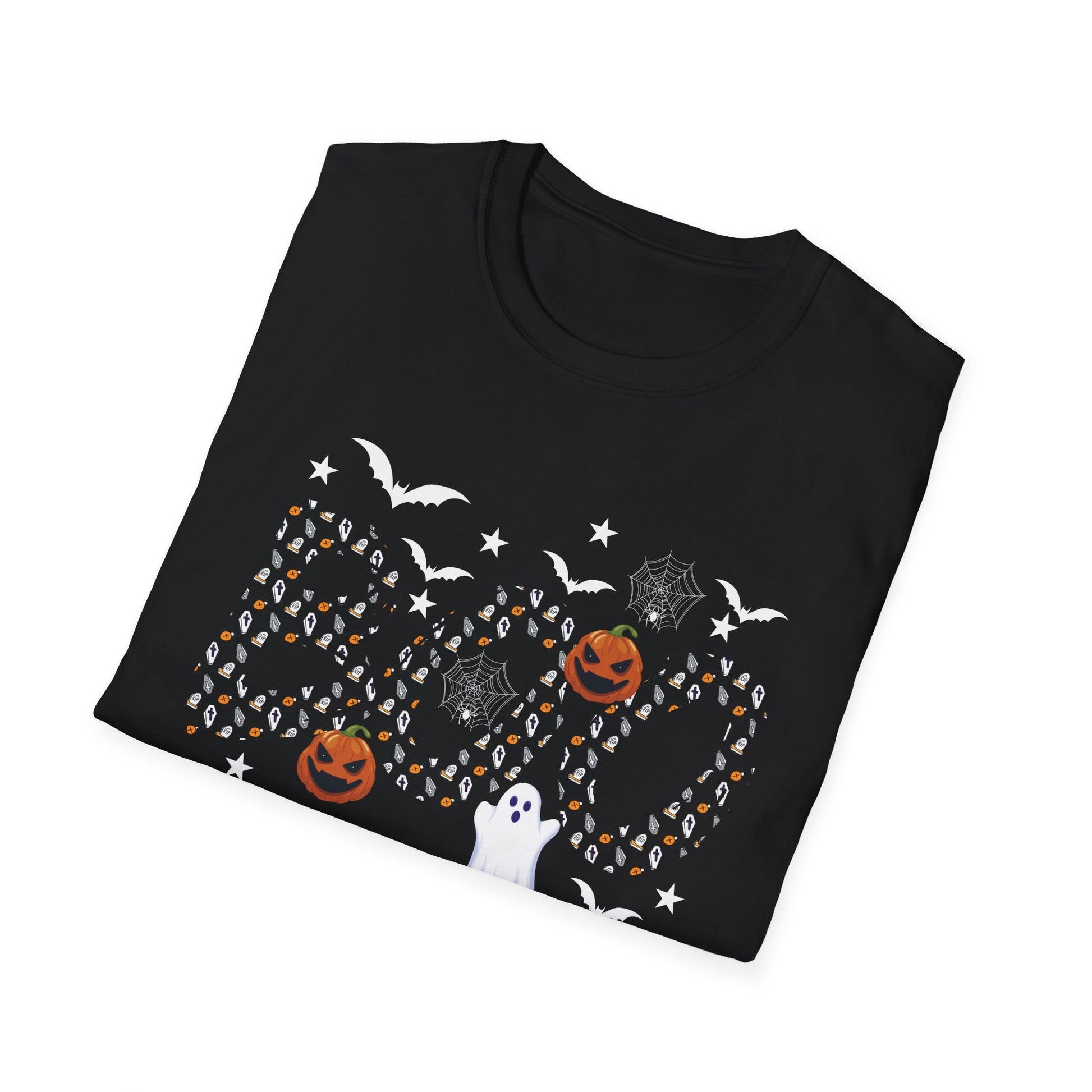 Halloween Boo Ghost Pumpkin T-Shirt — Spooky Bat & Candy Pattern Tee