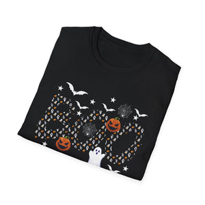 Halloween Boo Ghost Pumpkin T-Shirt — Spooky Bat & Candy Pattern Tee