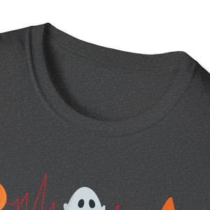 Halloween Heartbeat T-Shirt — Pumpkin, Ghost & Candy Skull Graphic Tee