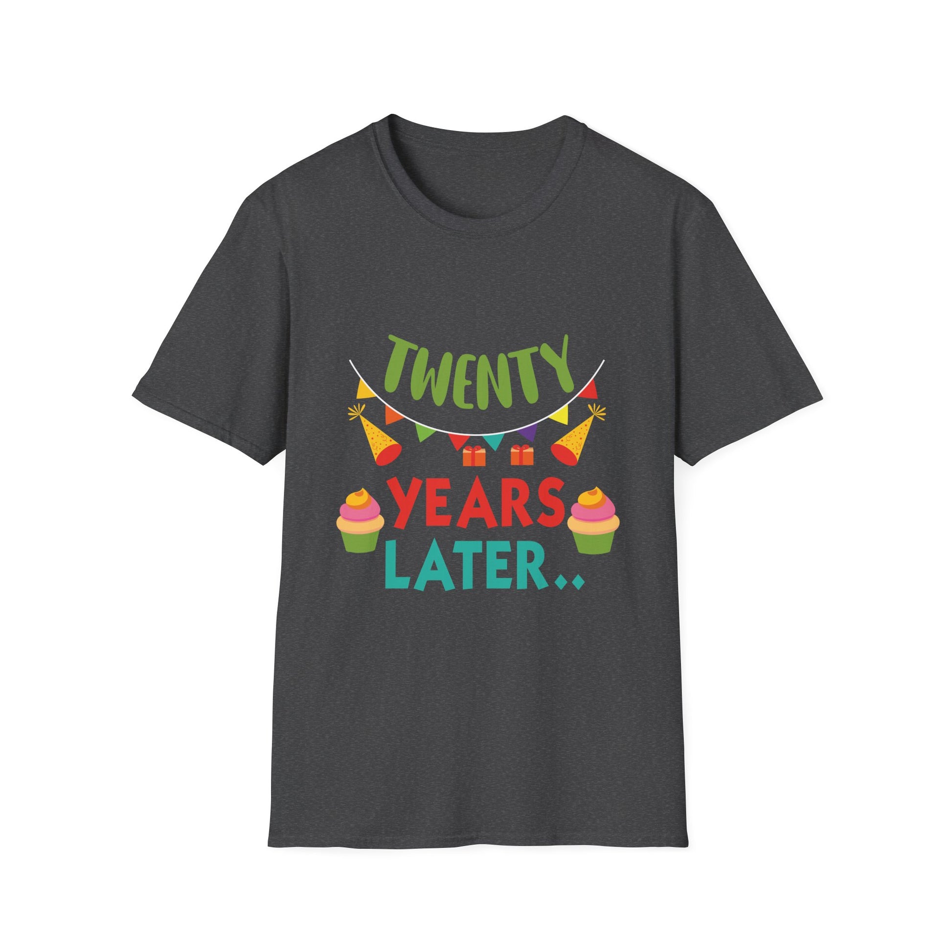 T-Shirt — "Twenty Years Later" Birthday Tee with Cupcakes & Party Banners