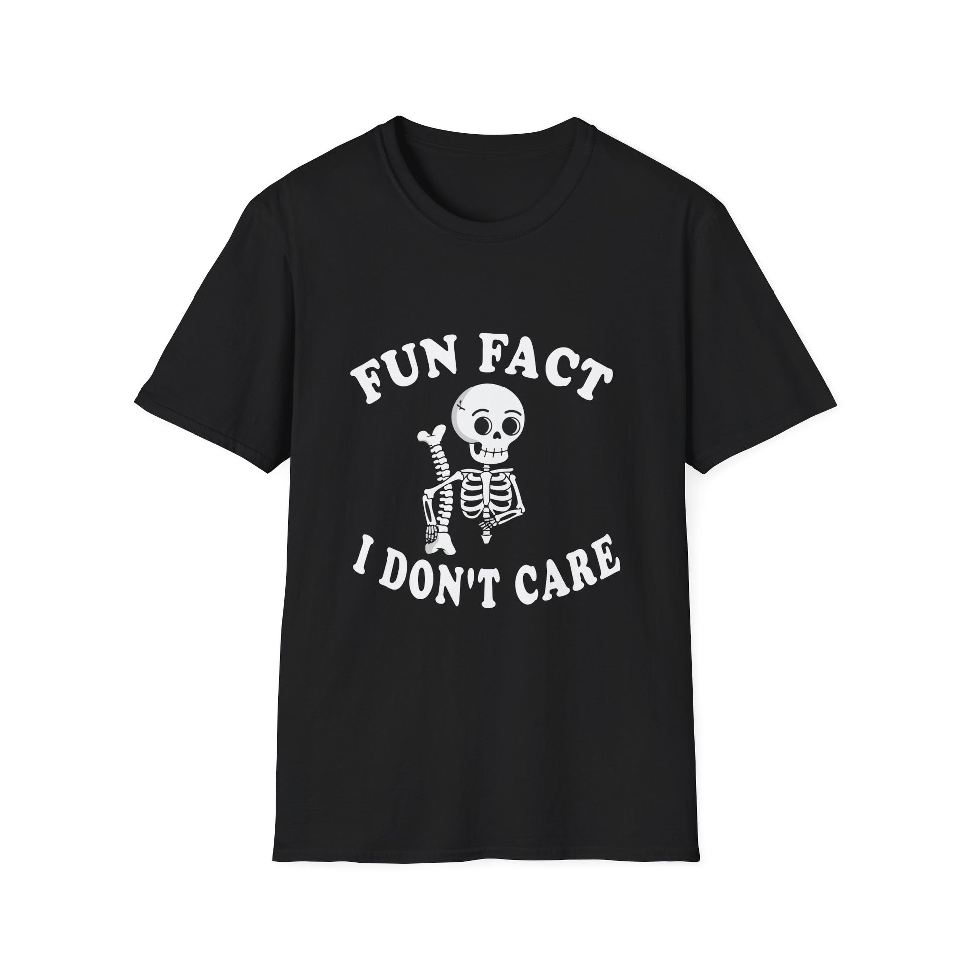 Fun Fact I Don't Care T-Shirt — Skeletal Graphic Tee for Sarcastic Humor & Halloween