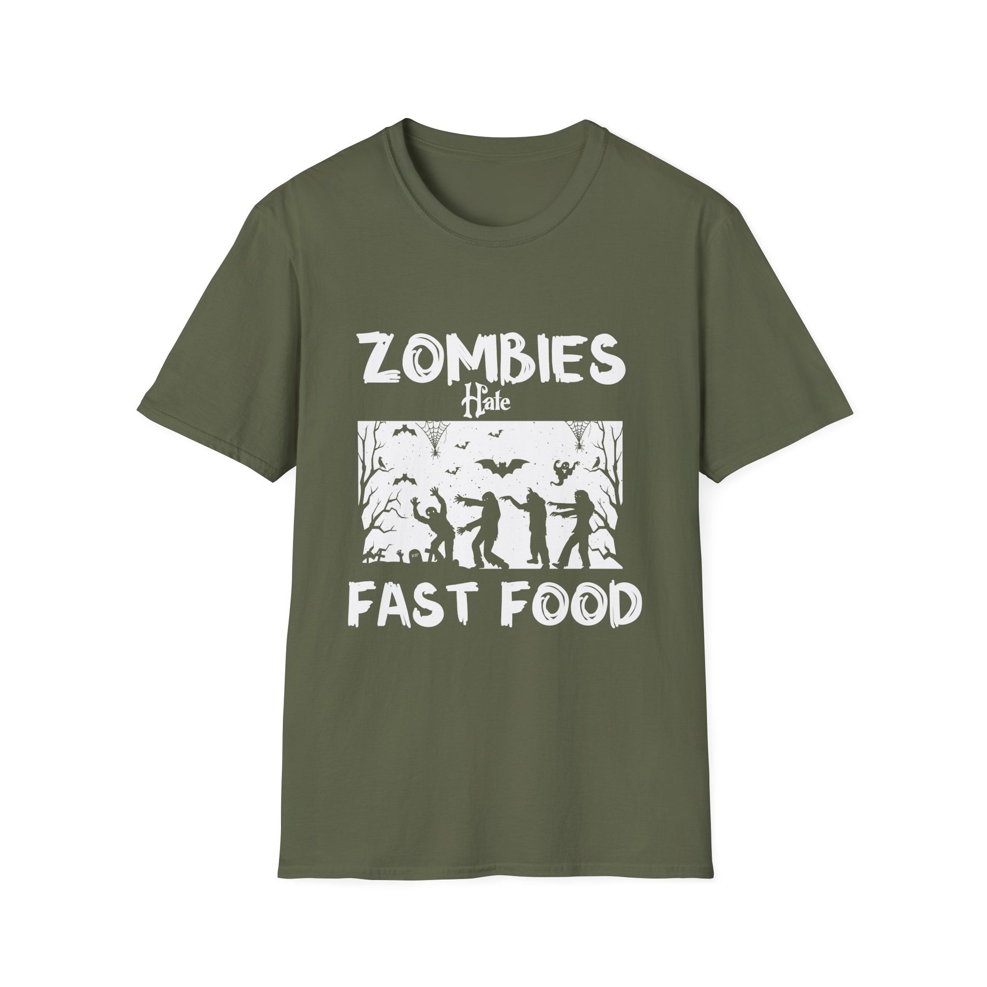 Zombies hate fast food Halloween Fan Funny Halloween T-Shirt-productor-mockup