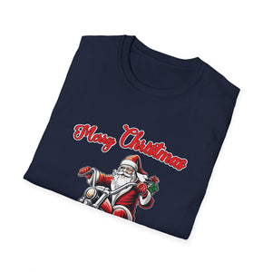 Santa Riding a Motorbike Christmas Tee_ Motorcycle Christmas Unisex Softstyle T-Shirt