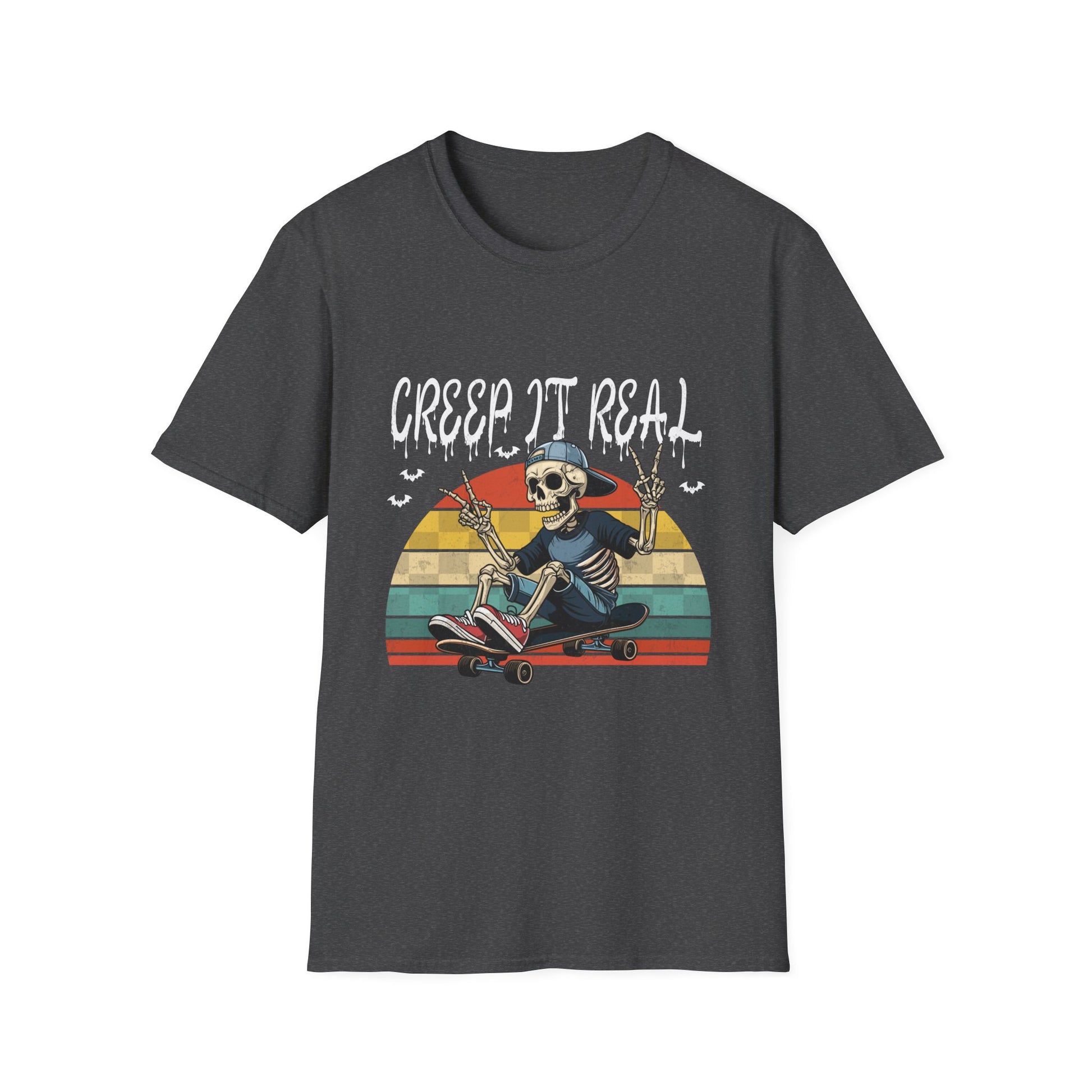 Creep It Real Skateboard Skeleton T-Shirt — Retro Halloween Skull Tee