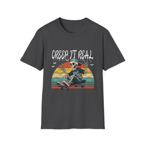 Creep It Real Skateboard Skeleton T-Shirt — Retro Halloween Skull Tee