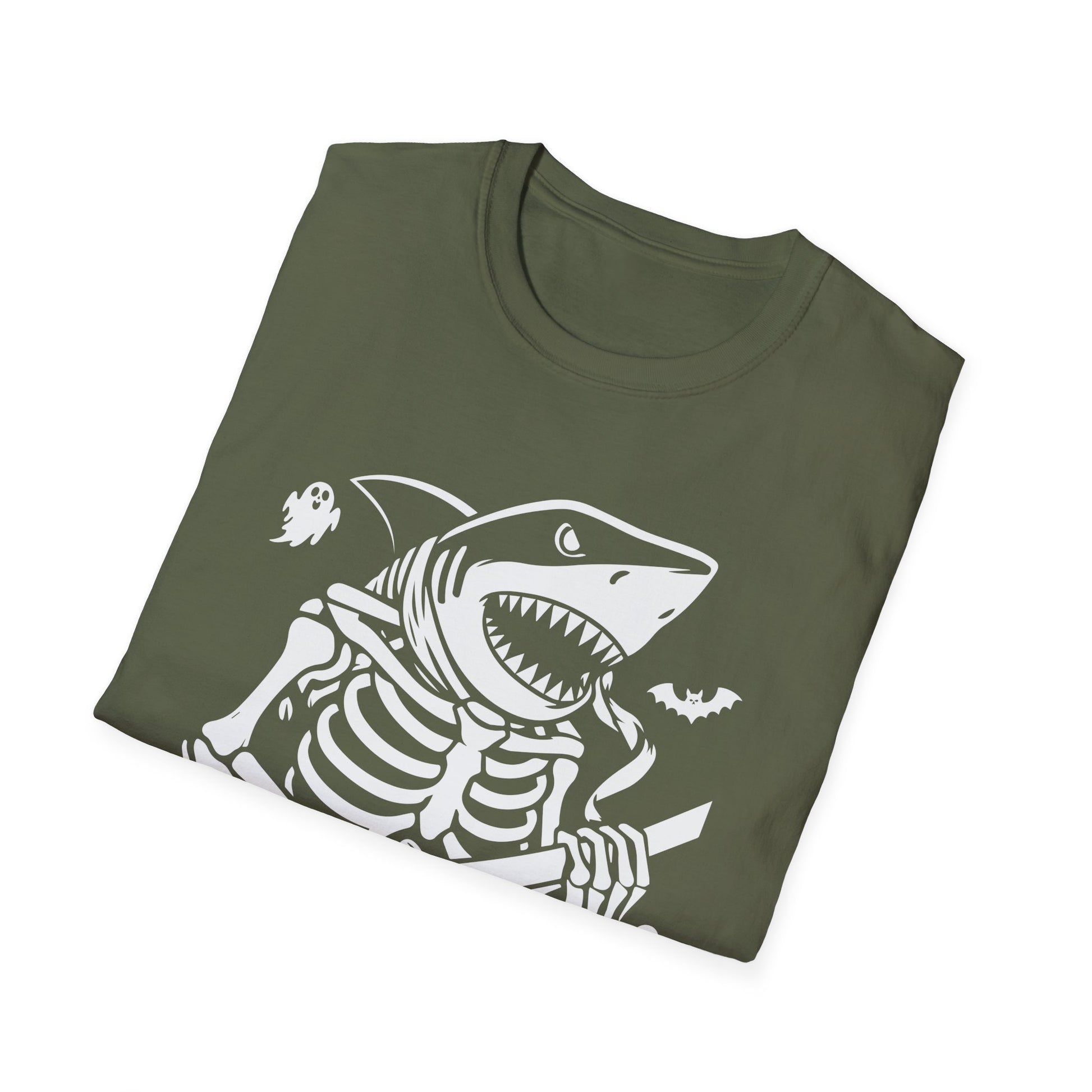 Shark Skeleton Samurai T-Shirt — Halloween Pirate Sword Graphic Tee