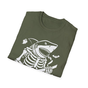 Shark Skeleton Samurai T-Shirt — Halloween Pirate Sword Graphic Tee
