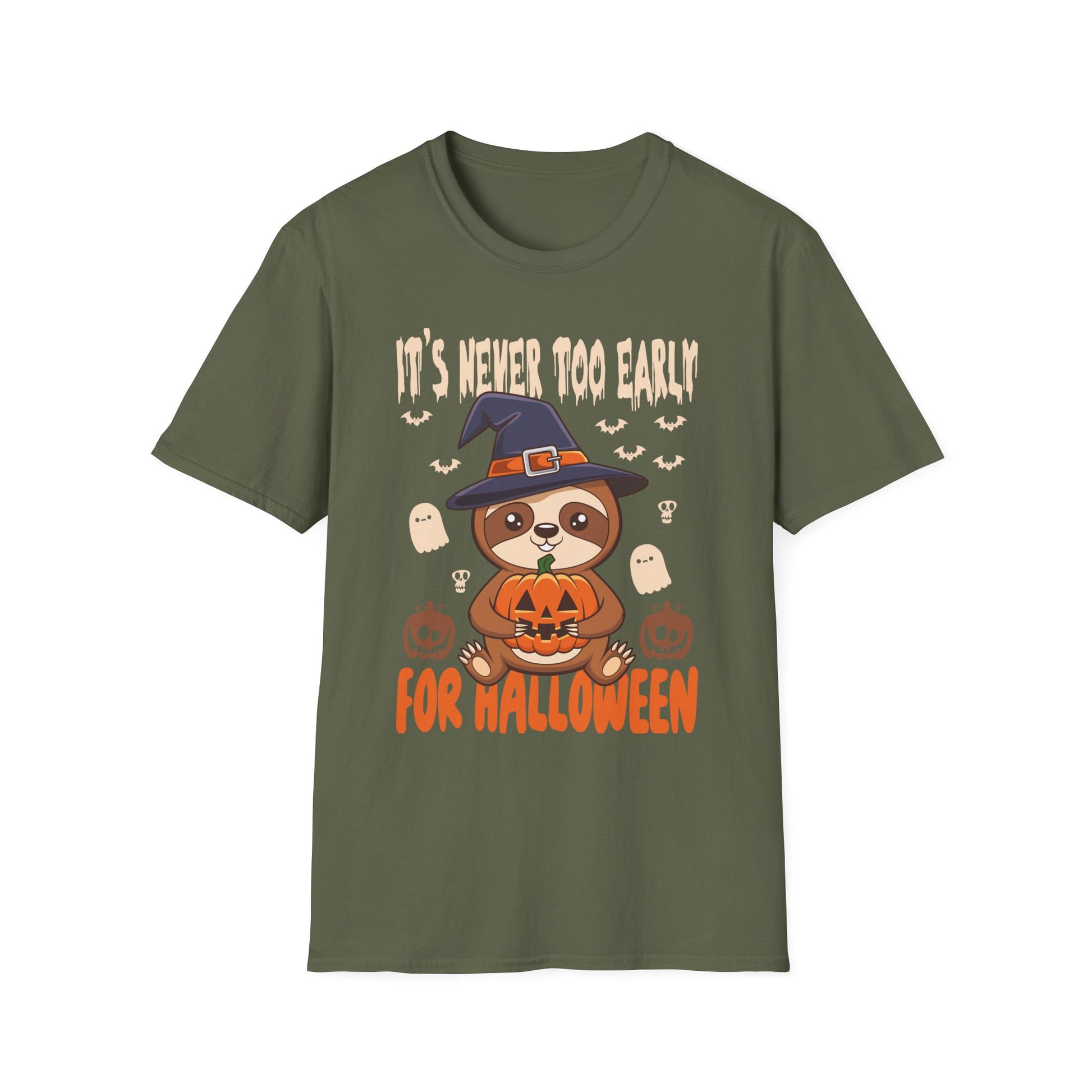 Halloween Sloth T-Shirt — "It's Never Too Early For Halloween" Cute Witch Sloth Pumpkin Tee