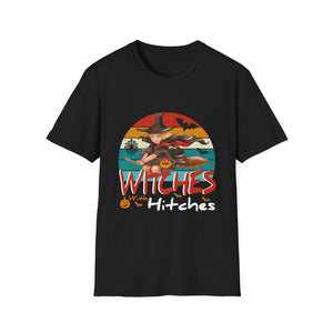 Witches With Hitches Halloween T-Shirt — Retro Witch on Broom Graphic