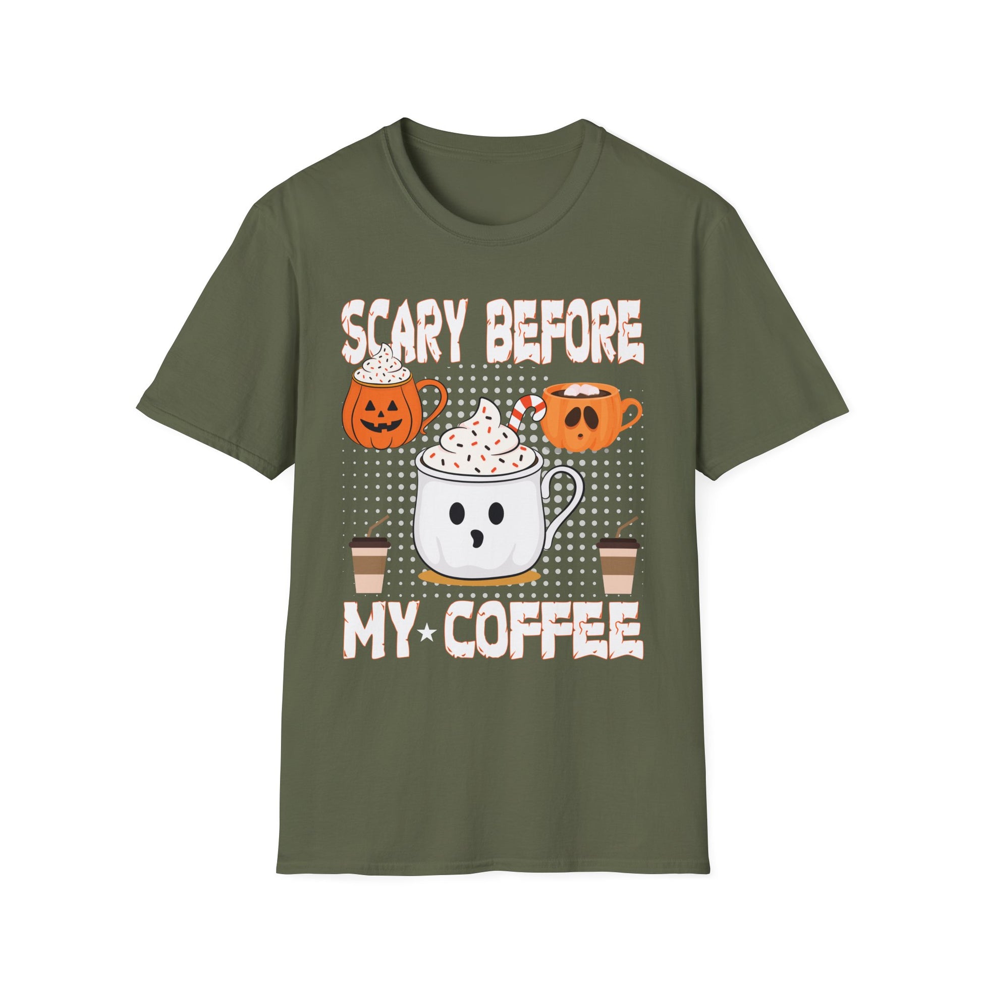 Halloween Coffee T‑Shirt — "Scary Before My Coffee" Cute Pumpkin & Mug Graphic