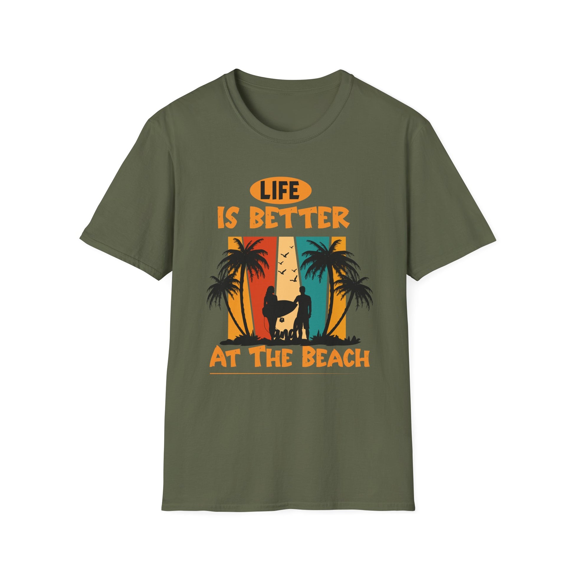 Life Is Better at the Beach T-Shirt — Retro Palm Tree Surf Cat Tee