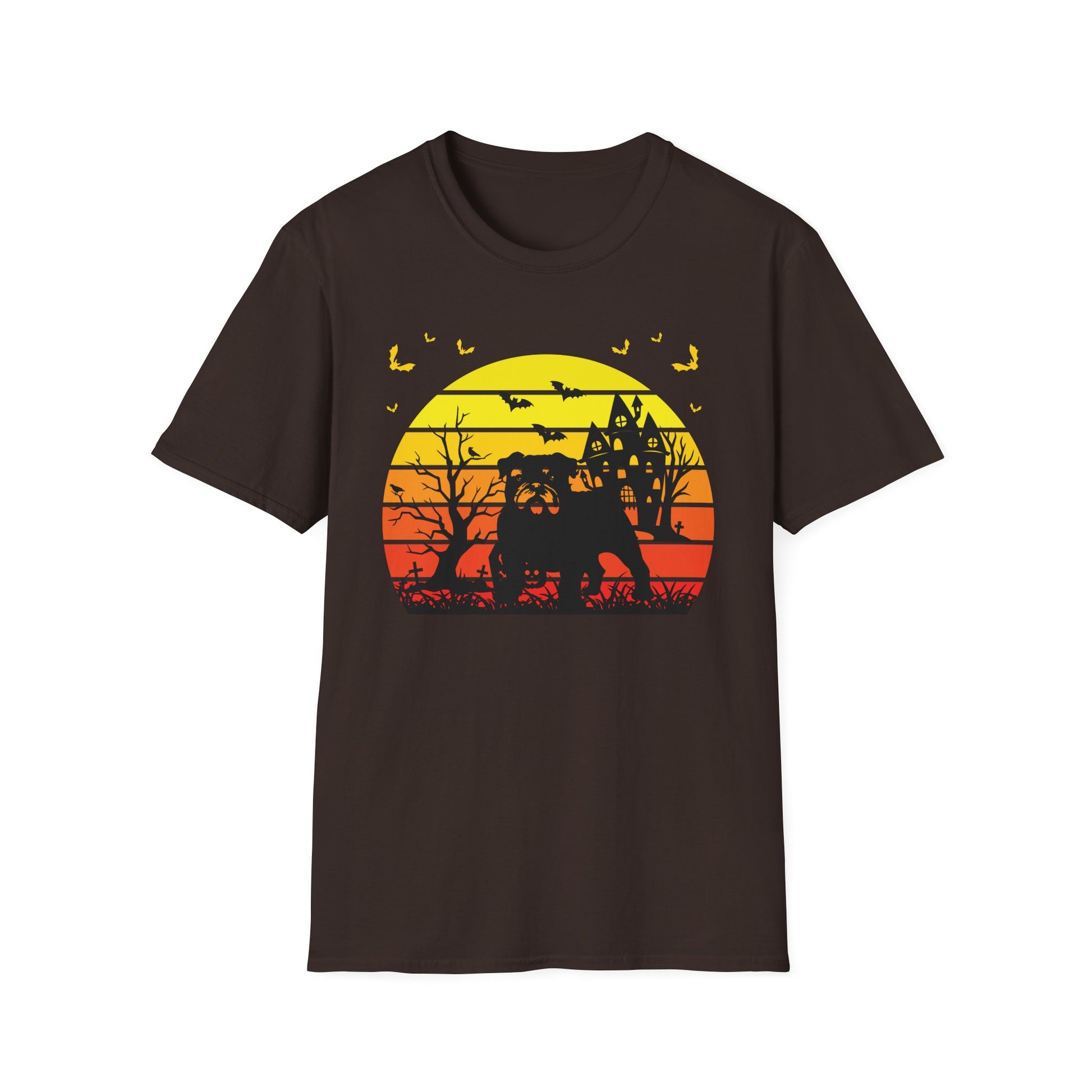 Halloween Sunset Haunted House T-Shirt — Spooky Castle & Bats Tee