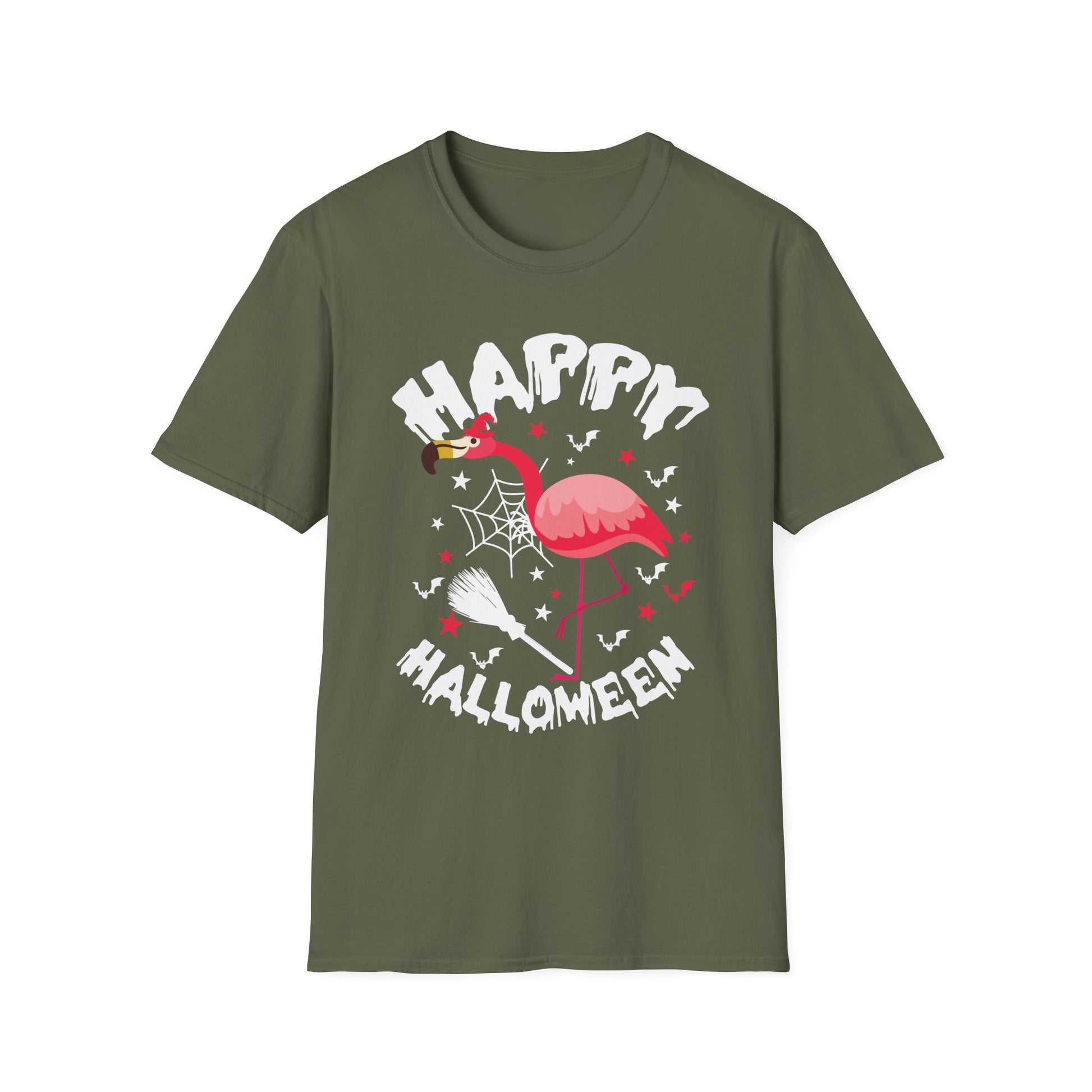 Happy Halloween Flamingo T-Shirt – Cute Spooky Pink Flamingo with Spiderweb & Bats