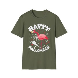 Happy Halloween Flamingo T-Shirt – Cute Spooky Pink Flamingo with Spiderweb & Bats