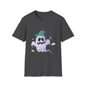 Cute Ghost Halloween T-Shirt – Whimsical Ghost with Striped Witch Hat