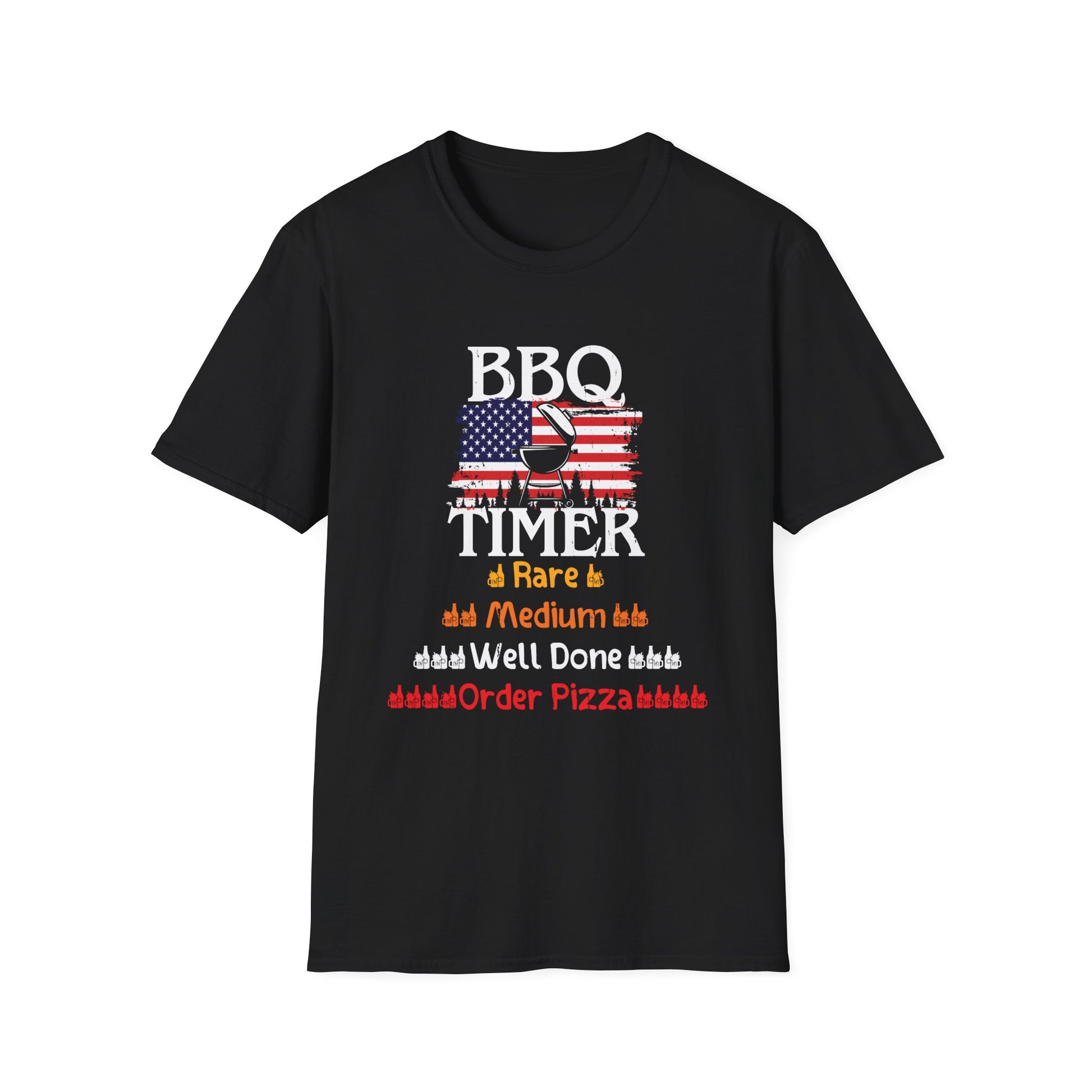 BBQ Timer T-Shirt – Funny Grilling Shirt with American Flag & Doneness Levels (Rare, Medium, Well Done)
