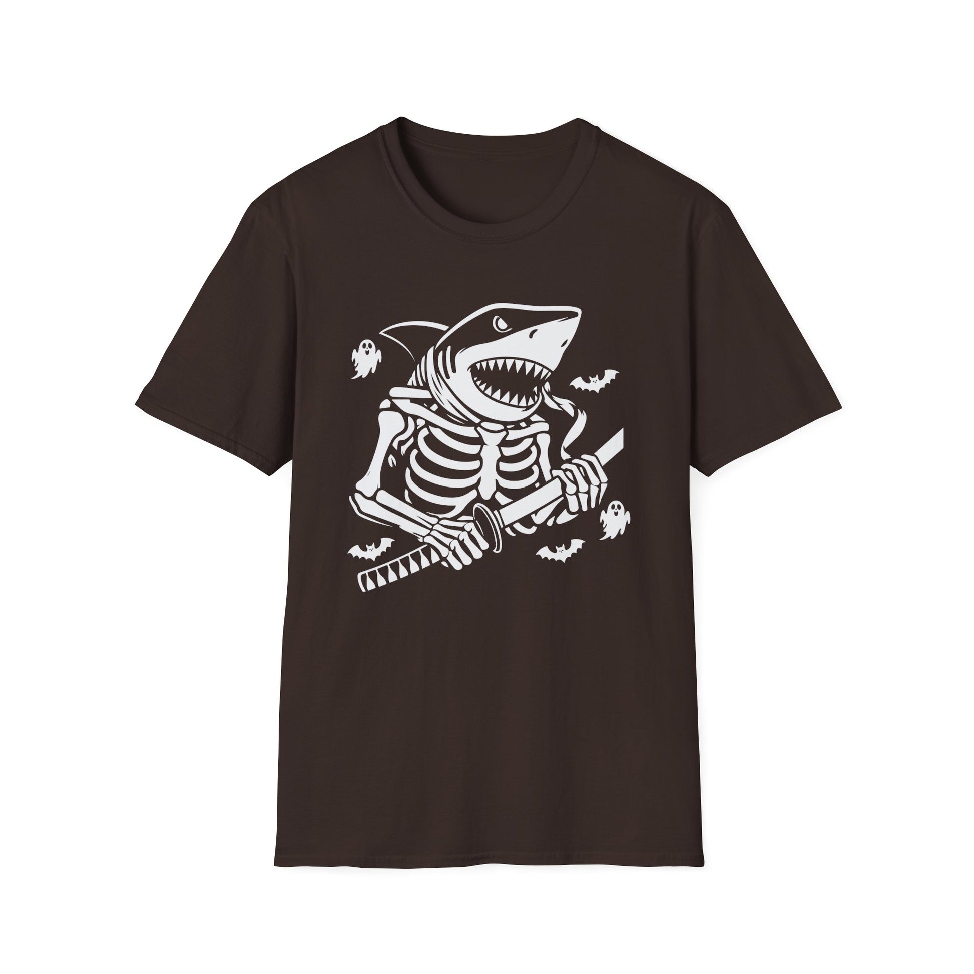 Shark Skeleton Samurai T-Shirt — Halloween Pirate Sword Graphic Tee