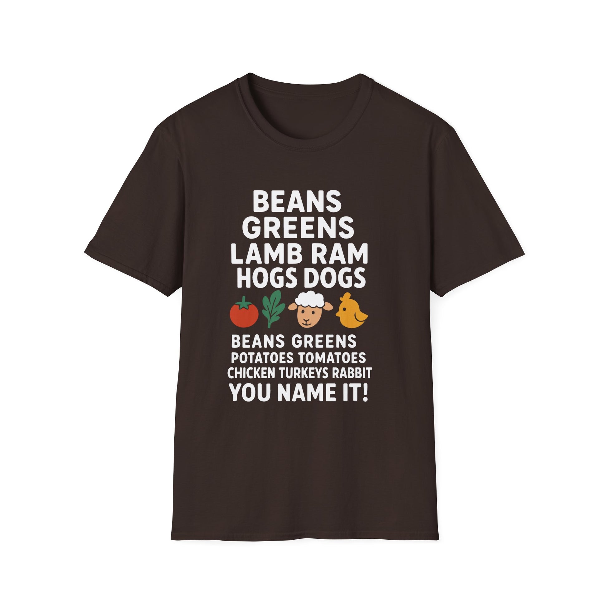 Farm Life T-Shirt — Beans Greens Lamb Ram Hogs Dogs Graphic Tee