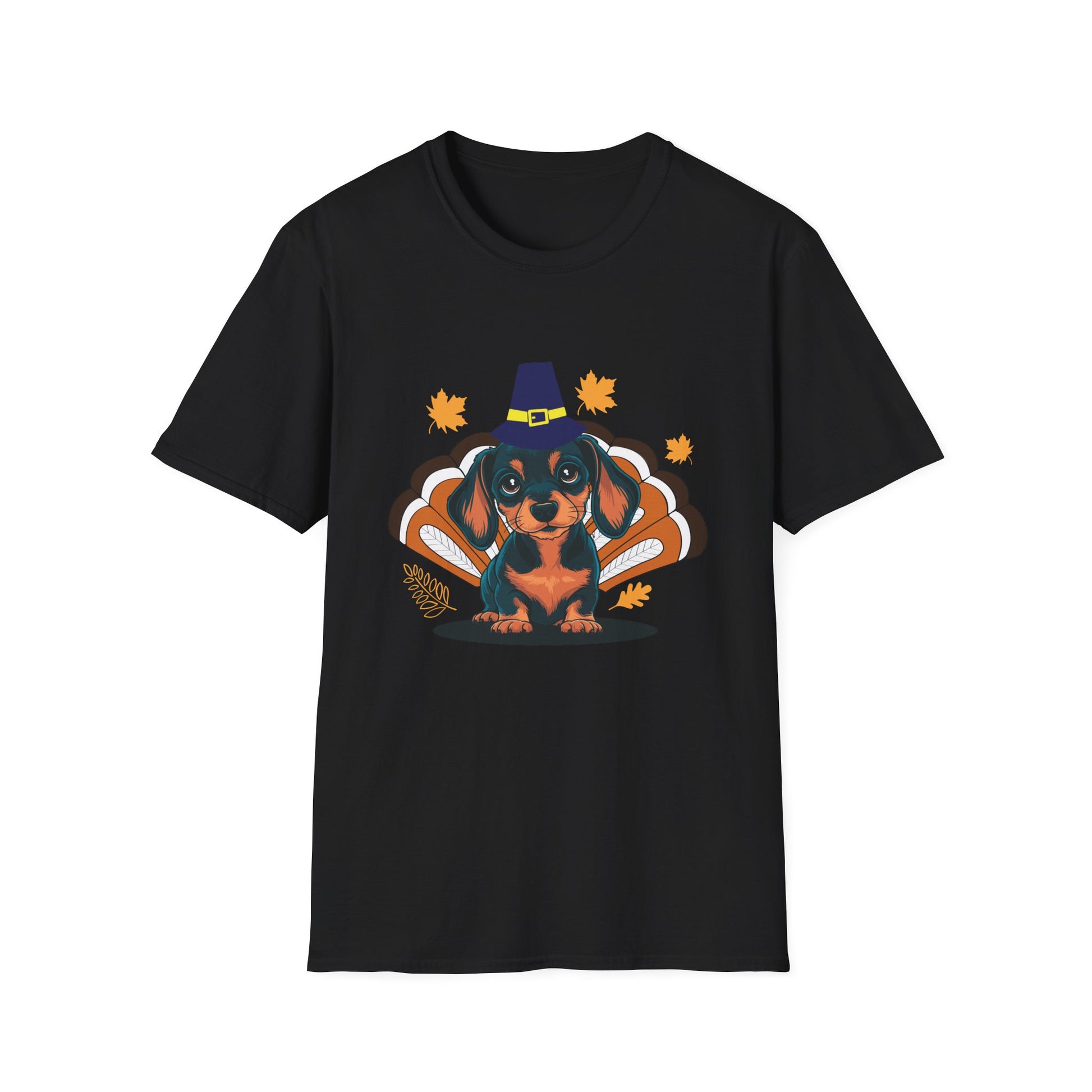 Thanksgiving Dachshund T-Shirt — Cute Turkey Costume Pup with Witch Hat & Autumn Leaves  Unisex T-Shirt