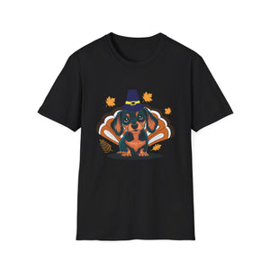 Thanksgiving Dachshund T-Shirt — Cute Turkey Costume Pup with Witch Hat & Autumn Leaves  Unisex T-Shirt