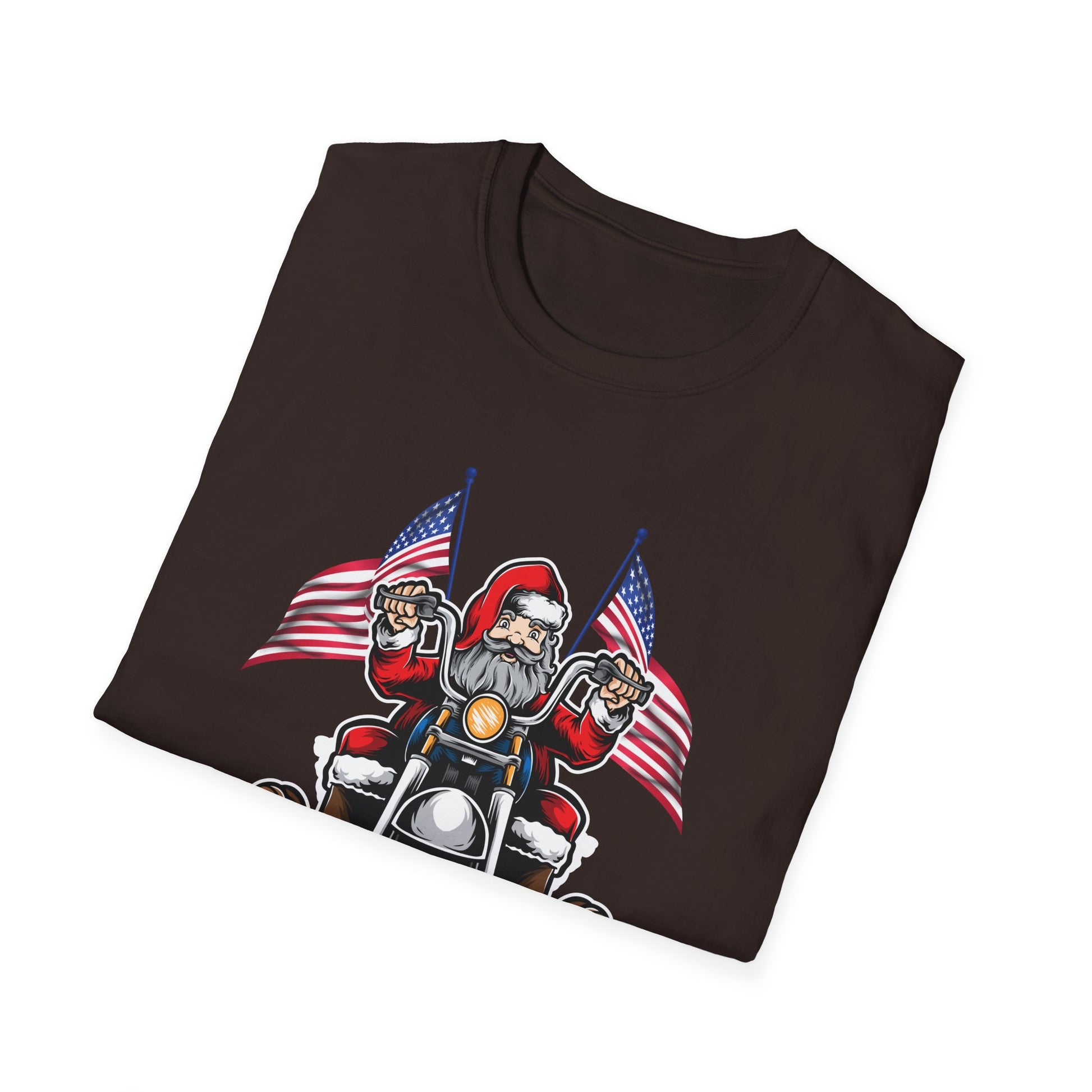 Santa Riding Motorcycle on Christmas - Biker US Flag Unisex Softstyle T-Shirt