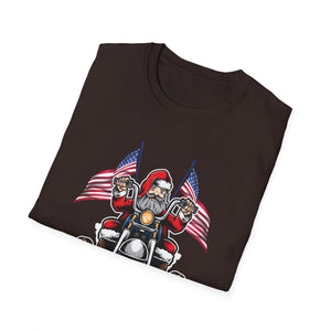 Santa Riding Motorcycle on Christmas - Biker US Flag Unisex Softstyle T-Shirt