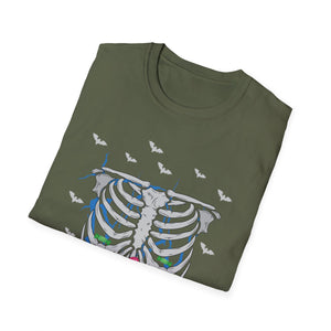 Skeleton Ribcage Floral T‑Shirt — Colorful Rib Bones with Flowers & Bats
